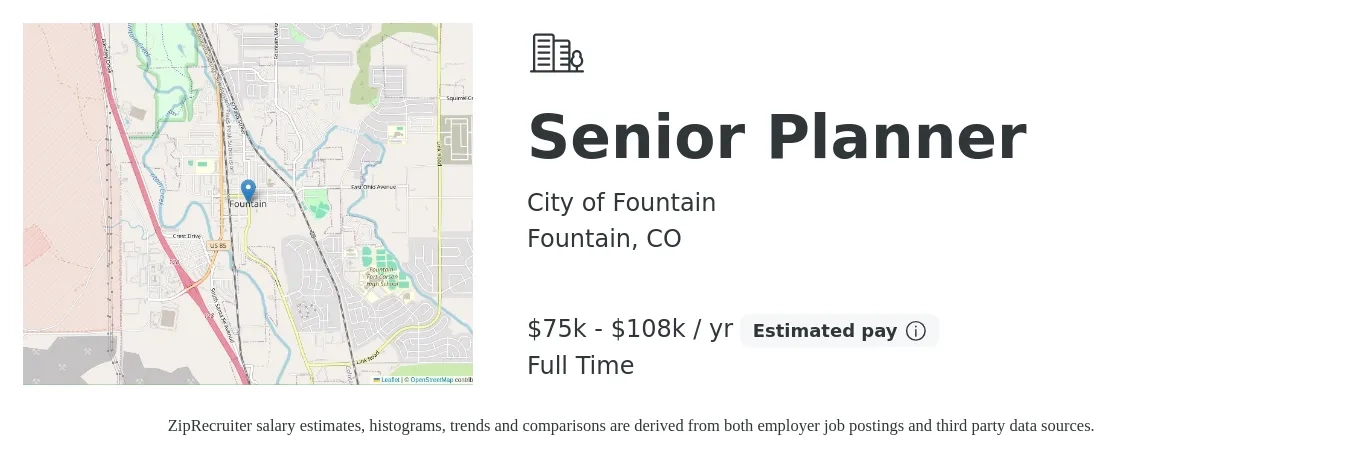 City of Fountain job posting for a Senior Planner in Fountain, CO with a salary of $75,005 to $108,008 Yearly with a map of Fountain location.