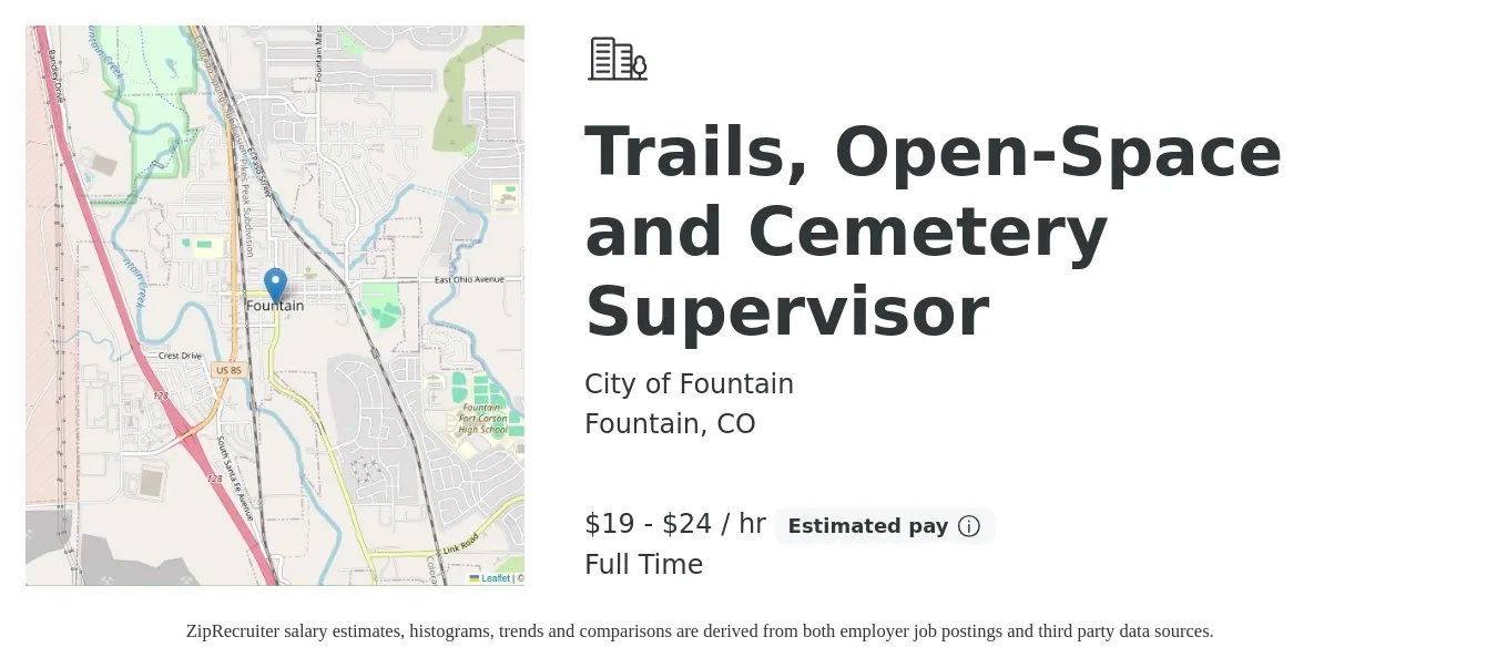 City of Fountain job posting for a Trails, Open-Space and Cemetery Supervisor in Fountain, CO with a salary of $21 to $26 Hourly with a map of Fountain location.