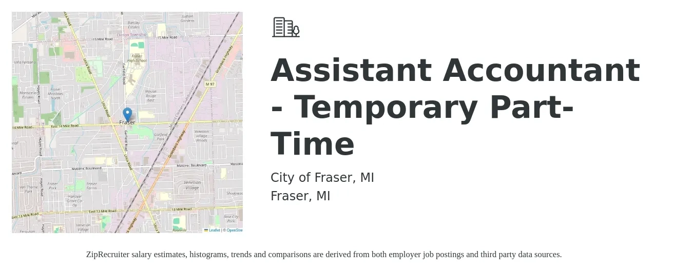 City of Fraser, MI job posting for a Assistant Accountant - Temporary Part-Time in Fraser, MI with a salary of $18 to $23 Hourly with a map of Fraser location.