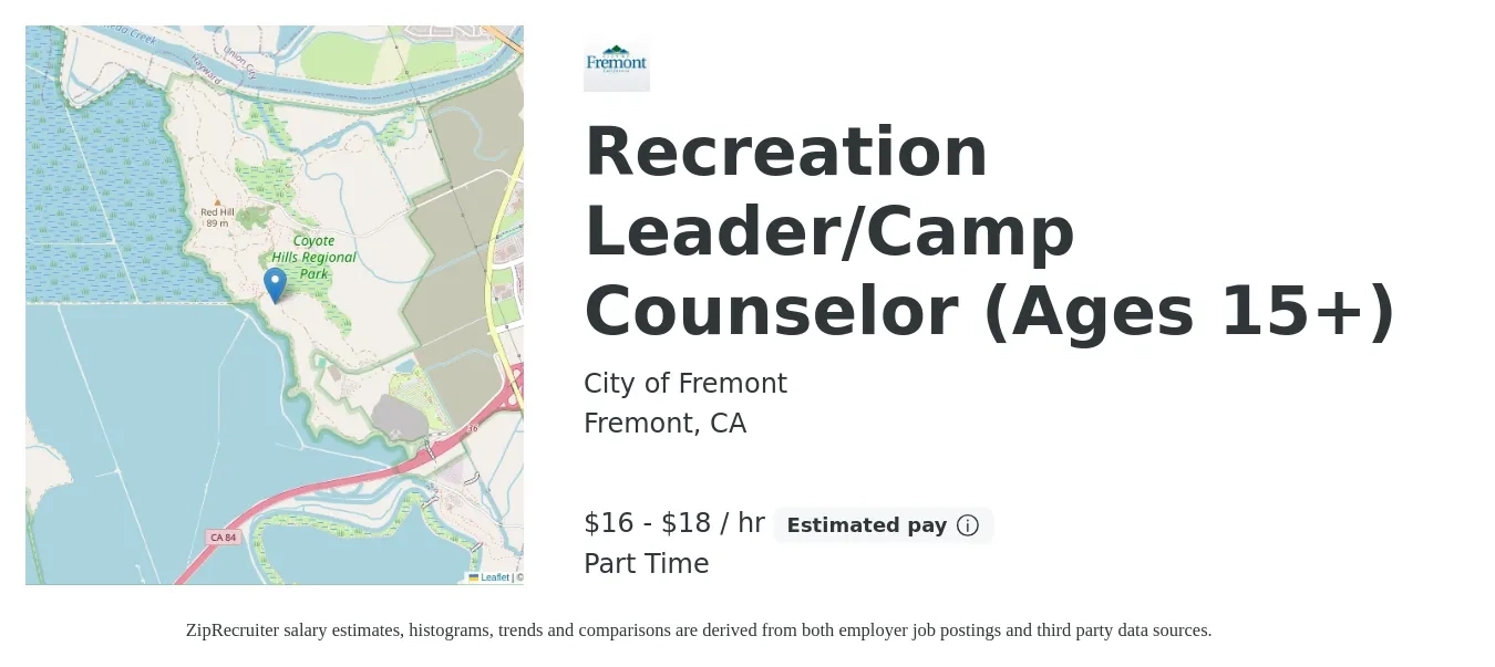 City of Fremont job posting for a Recreation Leader/Camp Counselor (Ages 15+) in Fremont, CA with a salary of $17 to $19 Hourly with a map of Fremont location.
