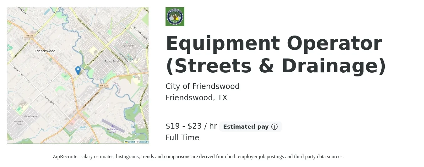 City of Friendswood job posting for a Equipment Operator (Streets & Drainage) in Friendswood, TX with a salary of $20 to $25 Hourly with a map of Friendswood location.