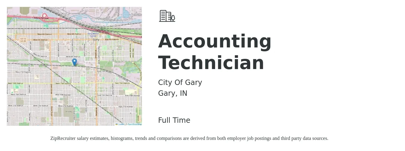 City Of Gary job posting for a Accounting Technician in Gary, IN with a salary of $38,161 Yearly with a map of Gary location.