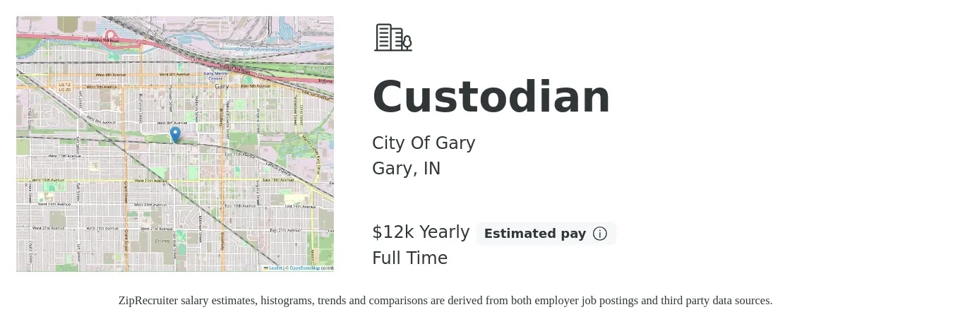 City Of Gary job posting for a Custodian in Gary, IN with a salary of $12,725 Yearly with a map of Gary location.