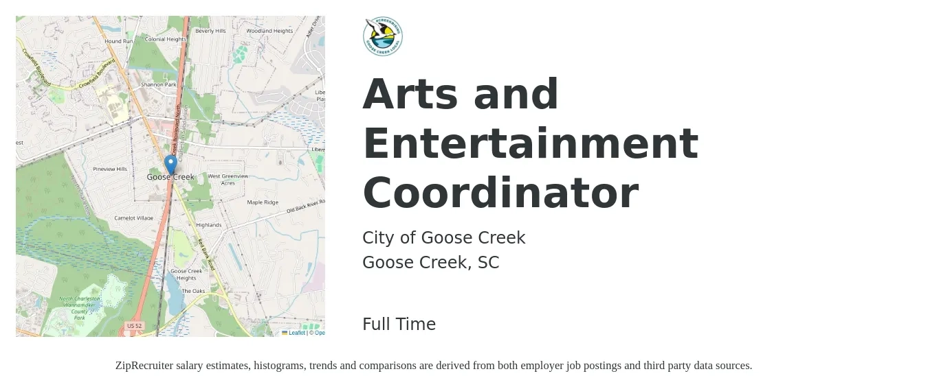 City of Goose Creek job posting for a Arts and Entertainment Coordinator in Goose Creek, SC with a salary of $17 to $28 Hourly with a map of Goose Creek location.