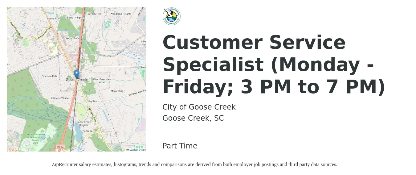 City of Goose Creek job posting for a Customer Service Specialist (Monday - Friday; 3 PM to 7 PM) in Goose Creek, SC with a salary of $16 to $20 Hourly with a map of Goose Creek location.