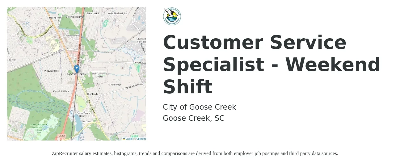 City of Goose Creek job posting for a Customer Service Specialist - Weekend Shift in Goose Creek, SC with a salary of $16 to $20 Hourly with a map of Goose Creek location.