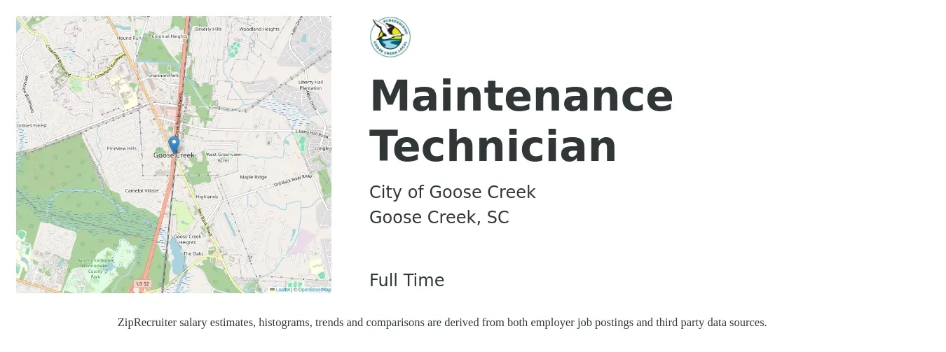 City of Goose Creek job posting for a Maintenance Technician in Goose Creek, SC with a salary of $18 to $24 Hourly with a map of Goose Creek location.