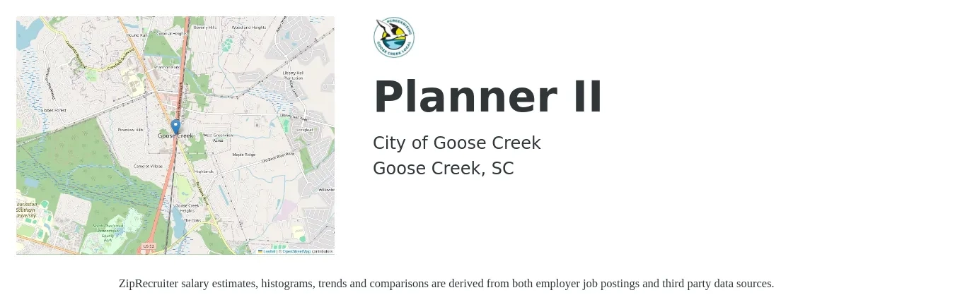 City of Goose Creek job posting for a Planner II in Goose Creek, SC with a salary of $49,100 to $73,700 Yearly with a map of Goose Creek location.