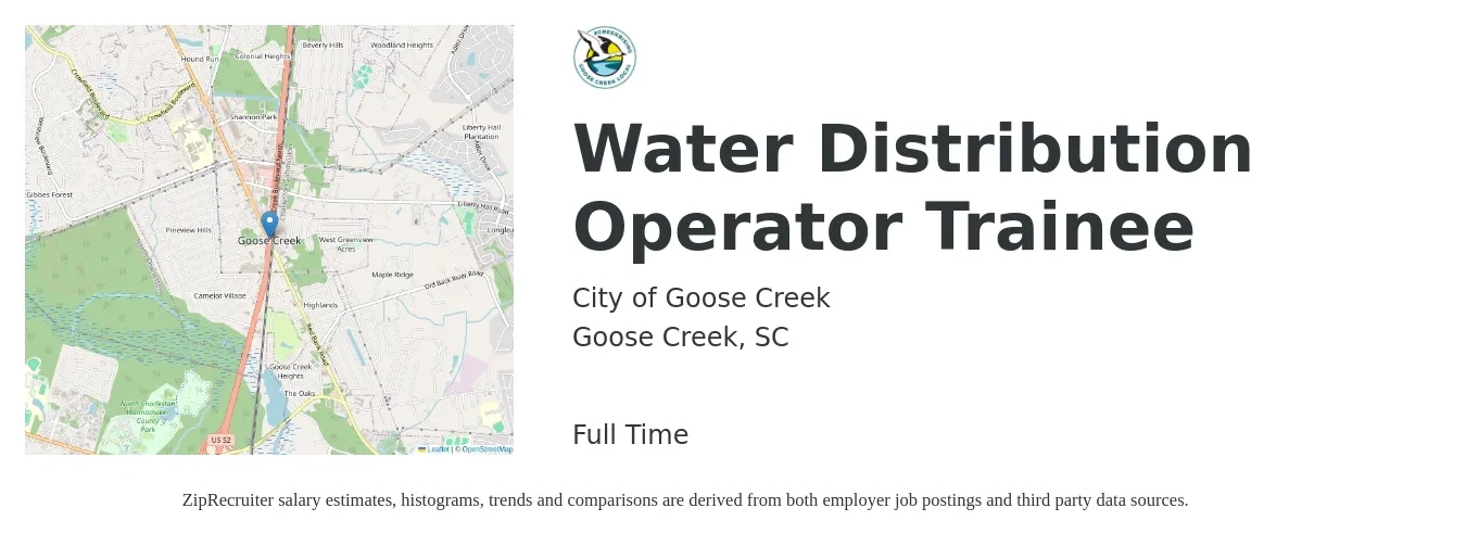 City of Goose Creek job posting for a Water Distribution Operator Trainee in Goose Creek, SC with a salary of $20 to $29 Hourly with a map of Goose Creek location.