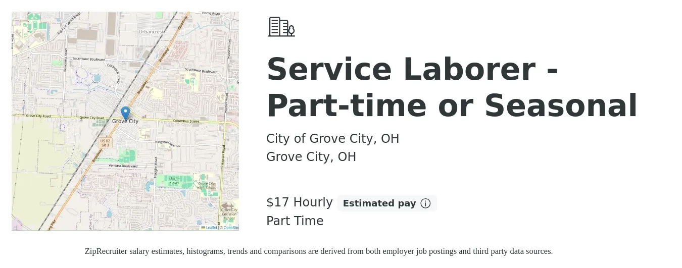 City of Grove City, OH job posting for a Service Laborer - Part-time or Seasonal in Grove City, OH with a salary of $18 Hourly with a map of Grove City location.