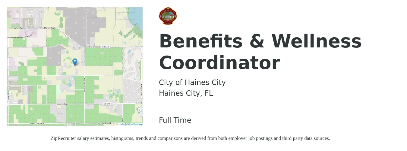 City of Haines City job posting for a Benefits & Wellness Coordinator in Haines City, FL with a salary of $49,566 to $71,786 Yearly with a map of Haines City location.