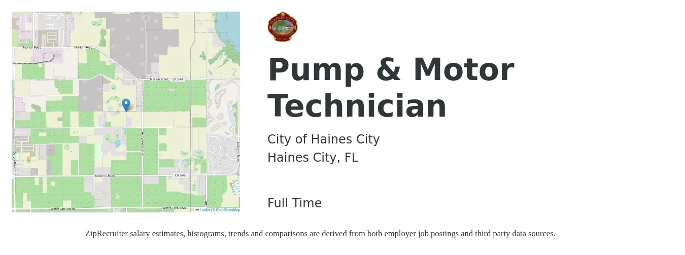 City of Haines City job posting for a Pump & Motor Technician in Haines City, FL with a salary of $18 to $26 Hourly with a map of Haines City location.
