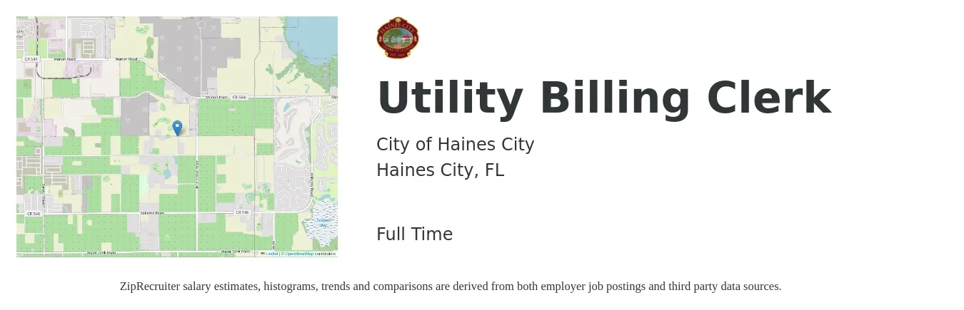 City of Haines City job posting for a Utility Billing Clerk in Haines City, FL with a salary of $15 to $21 Hourly with a map of Haines City location.