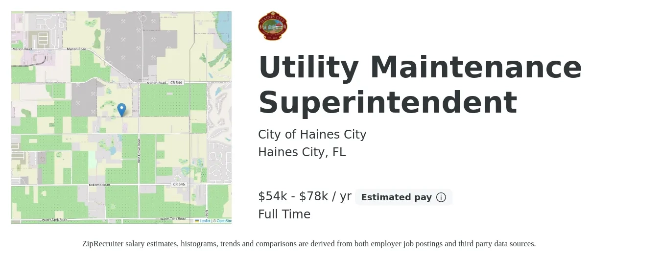 City of Haines City job posting for a Utility Maintenance Superintendent in Haines City, FL with a salary of $54,522 to $78,965 Yearly with a map of Haines City location.