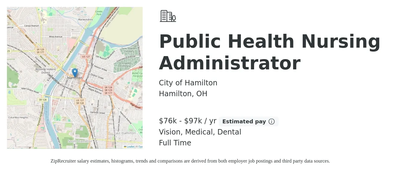 City of Hamilton job posting for a Public Health Nursing Administrator in Hamilton, OH with a salary of $76,315 to $97,885 Yearly and benefits including retirement, vision, dental, life_insurance, medical, and pto with a map of Hamilton location.
