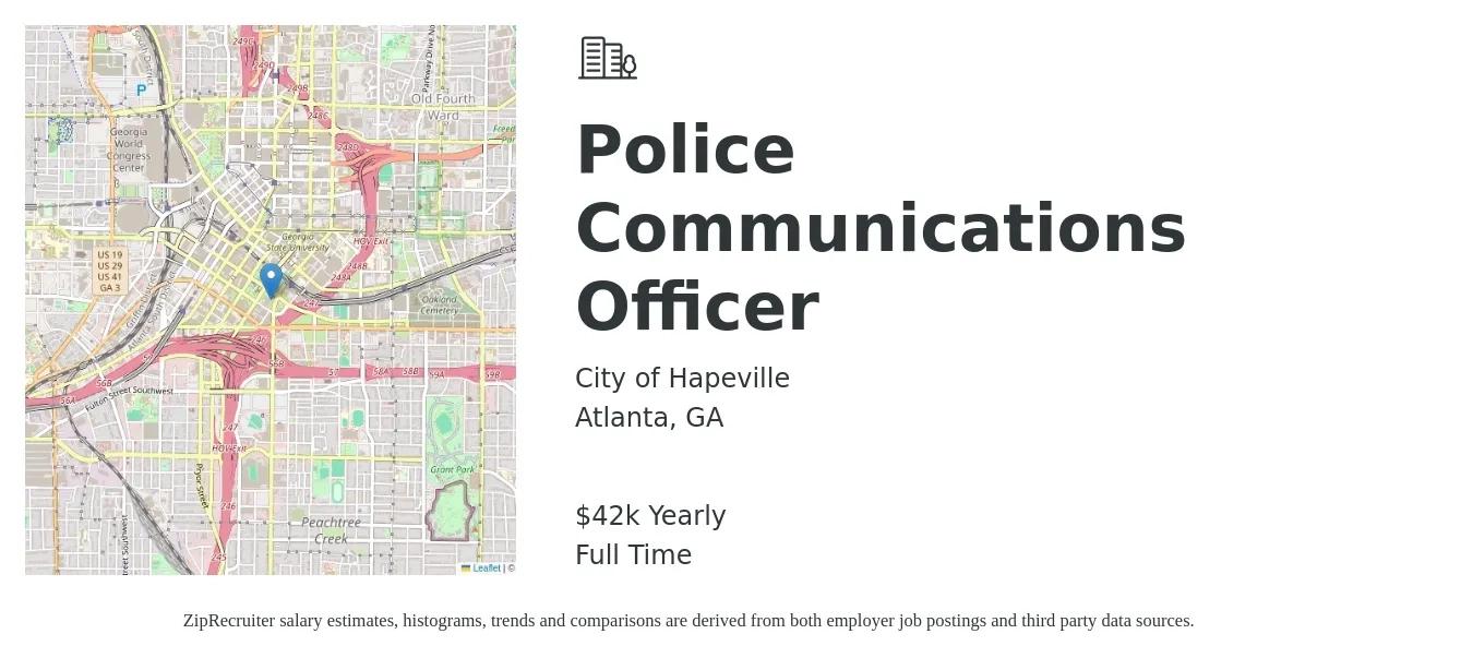 City of Hapeville job posting for a Police Communications Officer in Atlanta, GA with a salary of $40,000 to $44,000 Yearly with a map of Atlanta location.