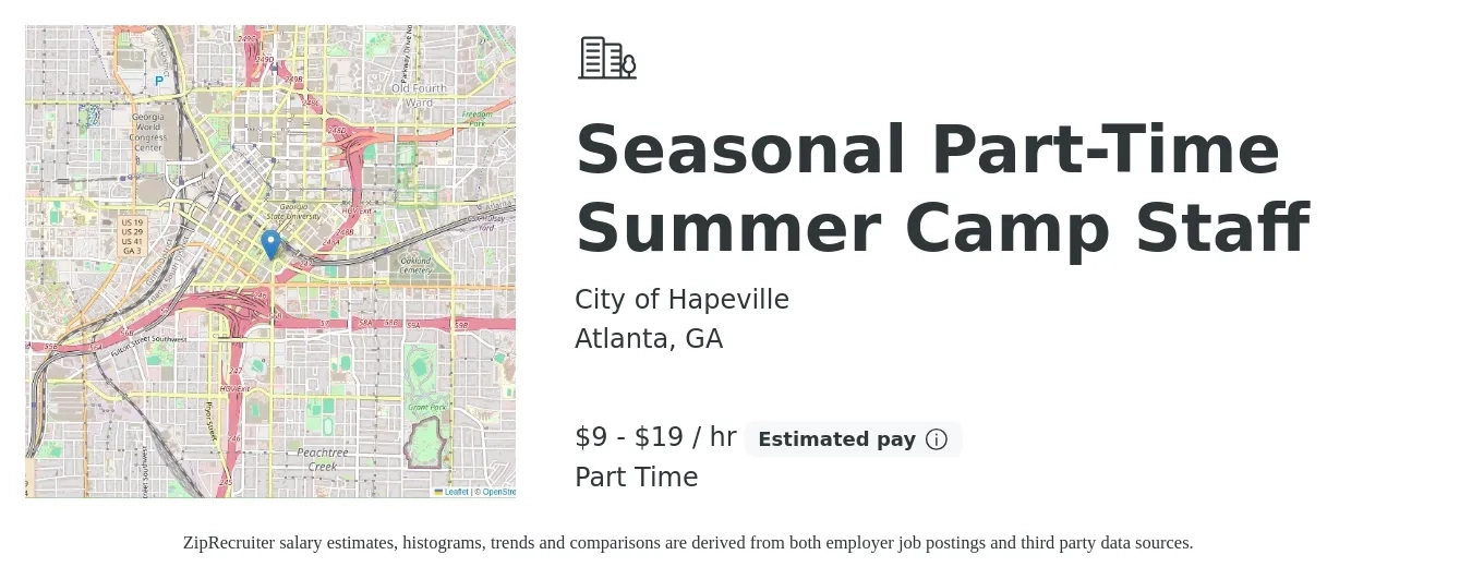City of Hapeville job posting for a Seasonal Part-Time Summer Camp Staff in Atlanta, GA with a salary of $10 to $20 Hourly with a map of Atlanta location.
