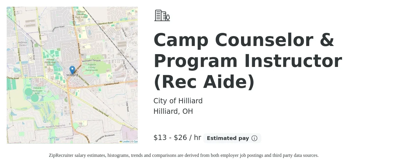 City of Hilliard job posting for a Camp Counselor & Program Instructor (Rec Aide) in Hilliard, OH with a salary of $14 to $28 Hourly with a map of Hilliard location.