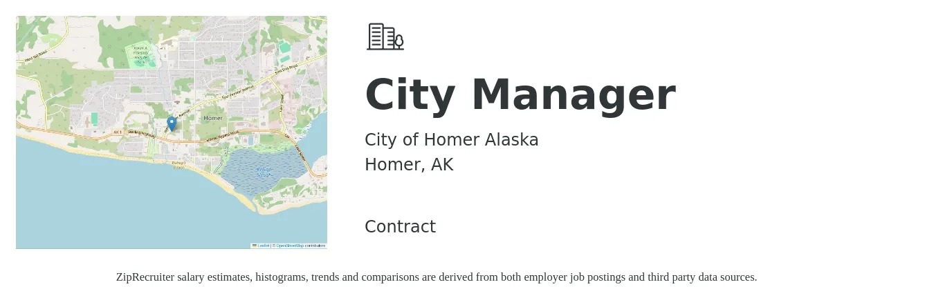 City of Homer Alaska job posting for a City Manager in Homer, AK with a salary of $68,600 to $156,000 Yearly with a map of Homer location.