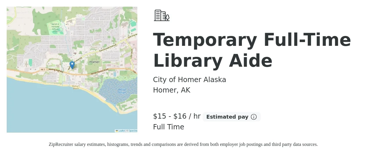 City of Homer Alaska job posting for a Temporary Full-Time Library Aide in Homer, AK with a salary of $16 to $17 Hourly with a map of Homer location.
