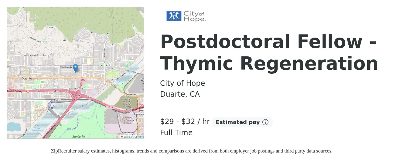 City of Hope job posting for a Postdoctoral Fellow - Thymic Regeneration in Duarte, CA with a salary of $34 to $38 Hourly with a map of Duarte location.