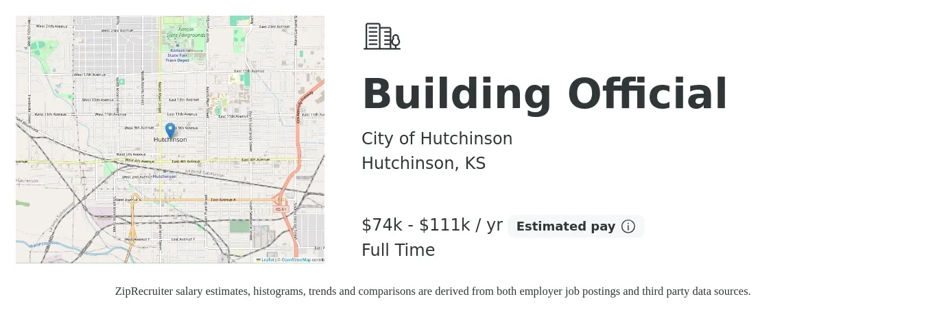 City of Hutchinson job posting for a Building Official in Hutchinson, KS with a salary of $74,537 to $111,806 Yearly with a map of Hutchinson location.