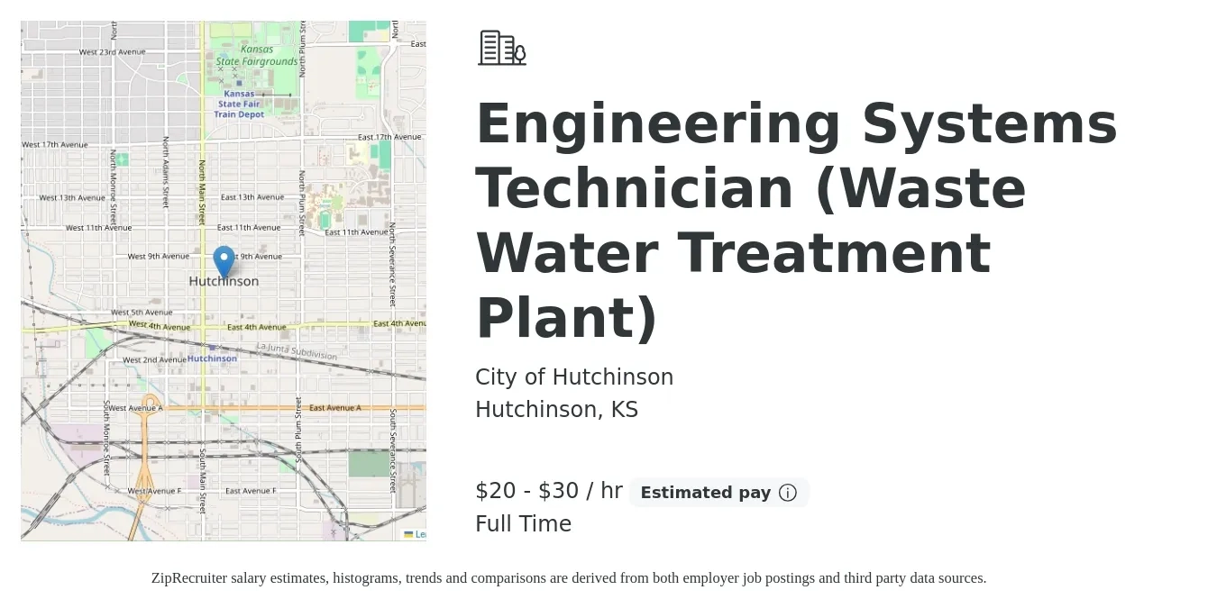 City of Hutchinson job posting for a Engineering Systems Technician (Waste Water Treatment Plant) in Hutchinson, KS with a salary of $21 to $32 Hourly with a map of Hutchinson location.