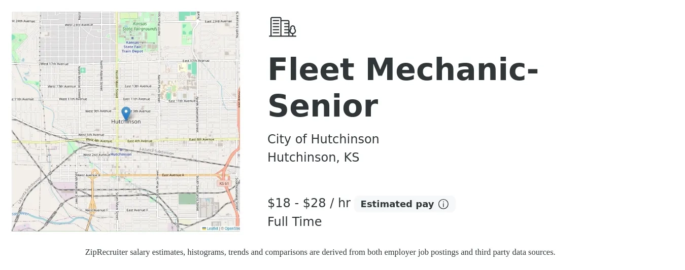 City of Hutchinson job posting for a Fleet Mechanic-Senior in Hutchinson, KS with a salary of $20 to $29 Hourly with a map of Hutchinson location.