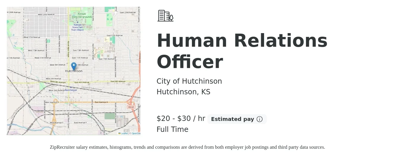 City of Hutchinson job posting for a Human Relations Officer in Hutchinson, KS with a salary of $21 to $32 Hourly with a map of Hutchinson location.