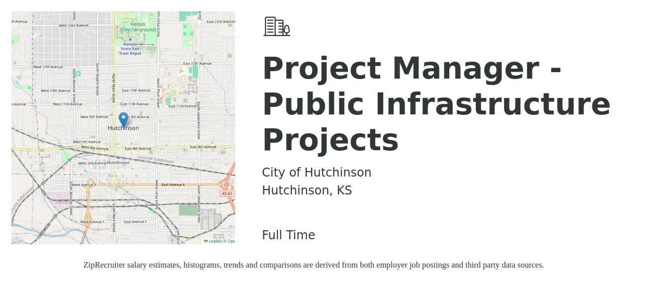 City of Hutchinson job posting for a Project Manager - Public Infrastructure Projects in Hutchinson, KS with a salary of $44 to $62 Hourly with a map of Hutchinson location.