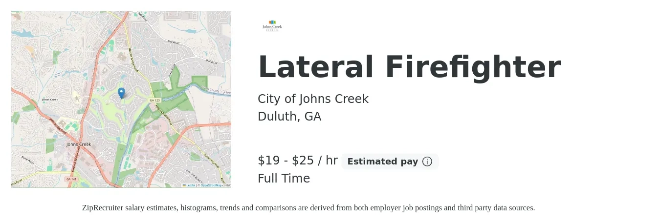 City of Johns Creek job posting for a Lateral Firefighter in Duluth, GA with a salary of $20 to $26 Hourly with a map of Duluth location.