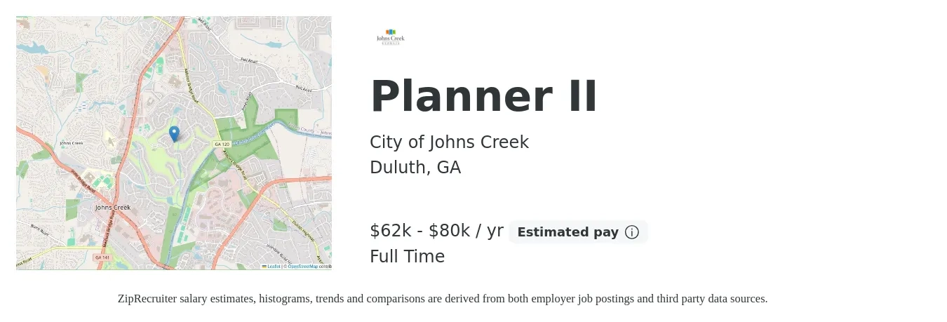 City of Johns Creek job posting for a Planner II in Duluth, GA with a salary of $62,086 to $80,501 Yearly with a map of Duluth location.