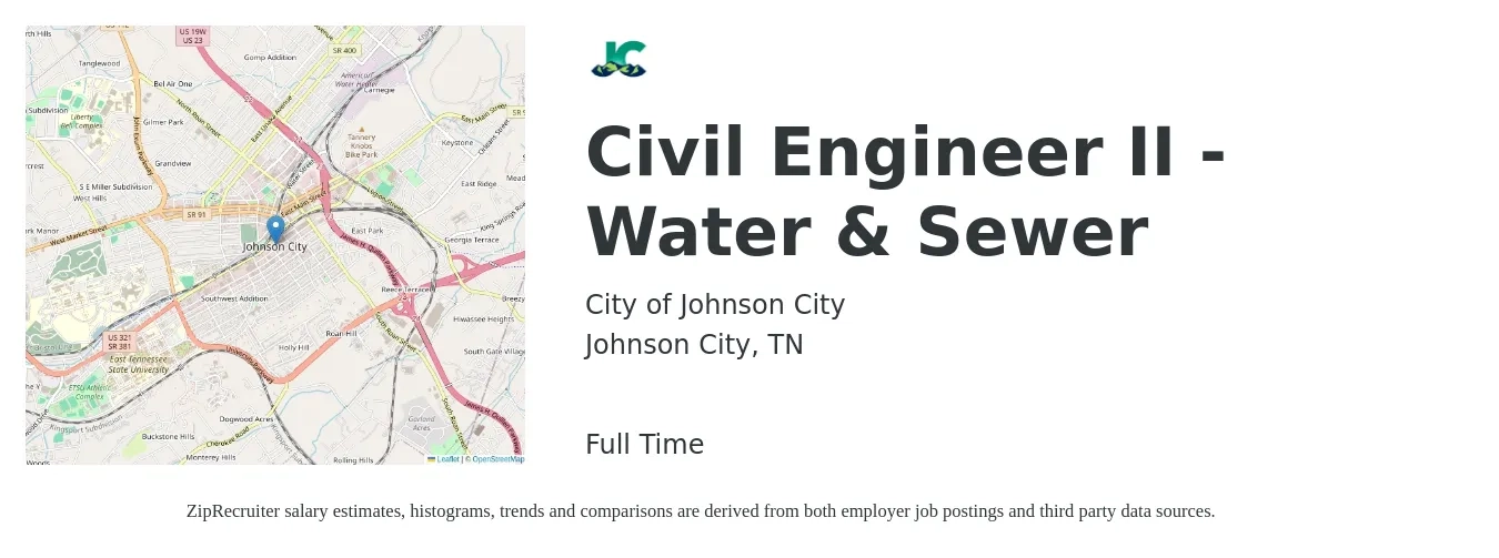 City of Johnson City job posting for a Civil Engineer II - Water & Sewer in Johnson City, TN with a salary of $66,200 to $96,500 Yearly with a map of Johnson City location.