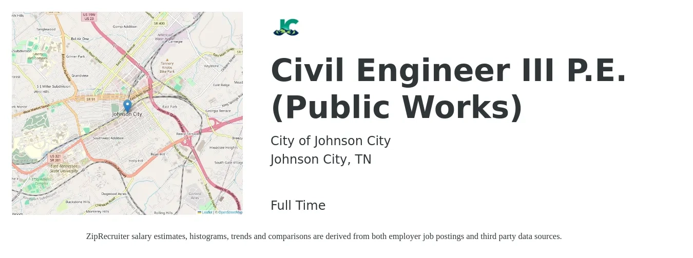 City of Johnson City job posting for a Civil Engineer III P.E. (Public Works) in Johnson City, TN with a salary of $66,200 to $96,500 Yearly with a map of Johnson City location.