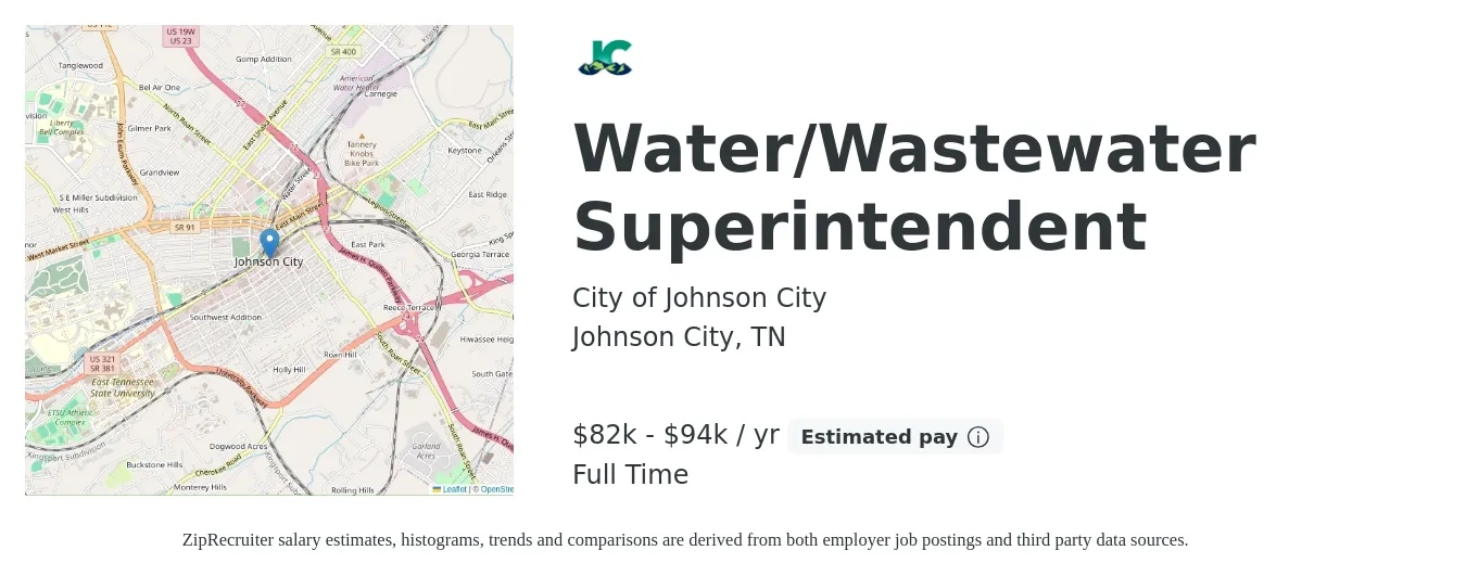 City of Johnson City job posting for a Water/Wastewater Superintendent in Johnson City, TN with a salary of $82,400 to $94,760 Yearly with a map of Johnson City location.