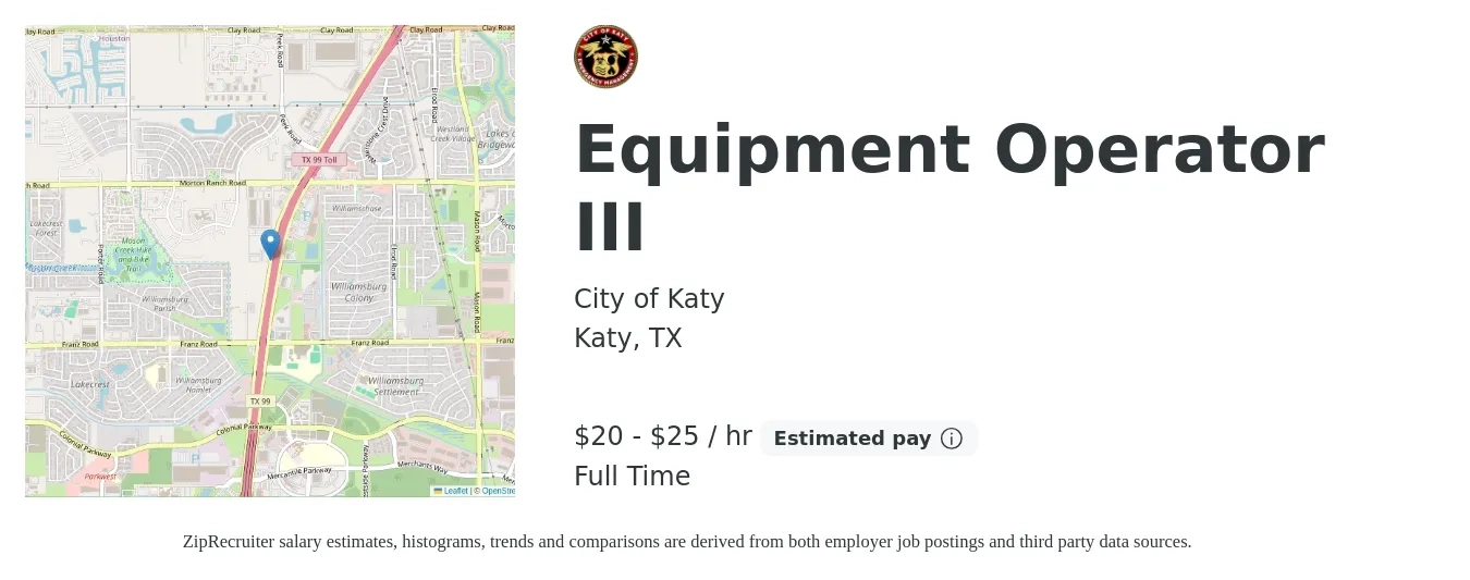 City of Katy job posting for a Equipment Operator III in Katy, TX with a salary of $21 to $26 Hourly with a map of Katy location.