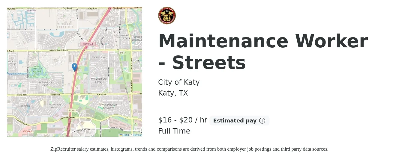 City of Katy job posting for a Maintenance Worker - Streets in Katy, TX with a salary of $17 to $22 Hourly with a map of Katy location.