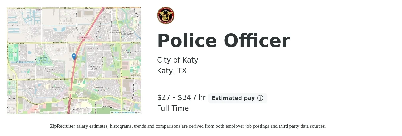 City of Katy job posting for a Police Officer in Katy, TX with a salary of $29 to $36 Hourly with a map of Katy location.