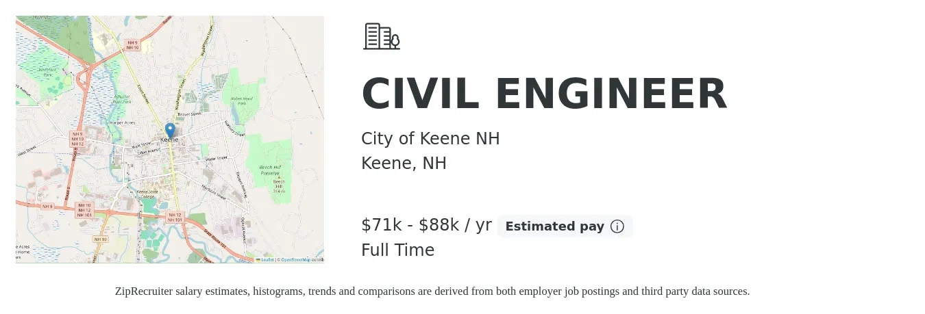 City of Keene NH job posting for a CIVIL ENGINEER in Keene, NH with a salary of $71,064 to $88,559 Yearly with a map of Keene location.