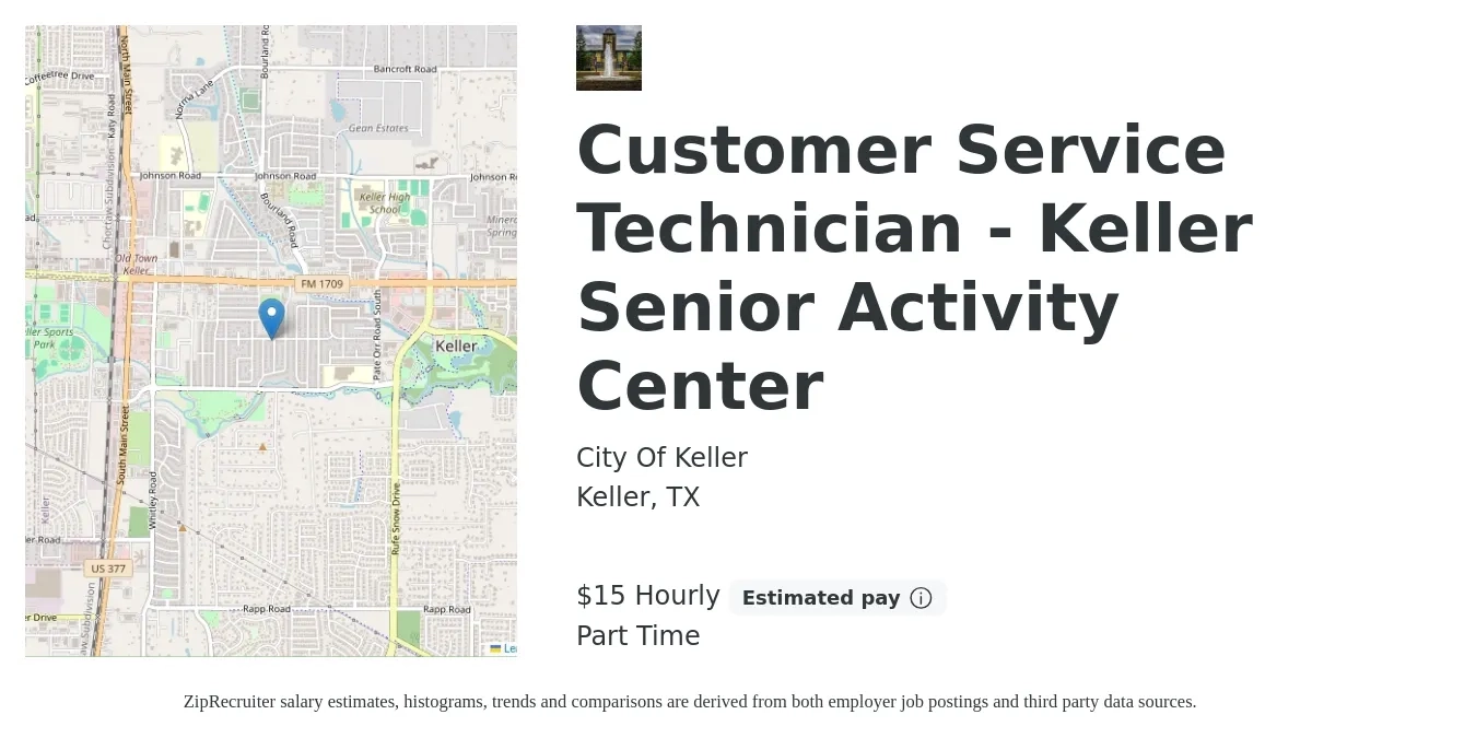 City Of Keller job posting for a Customer Service Technician - Keller Senior Activity Center in Keller, TX with a salary of $16 Hourly with a map of Keller location.