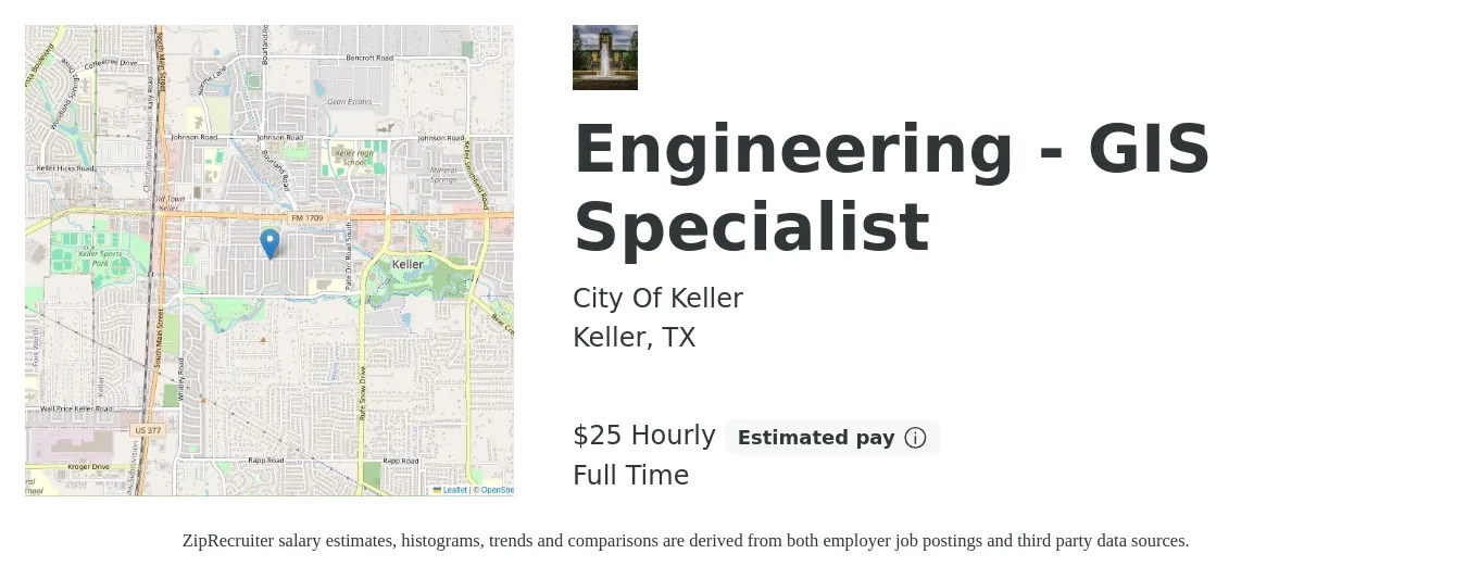 City Of Keller job posting for a Engineering - GIS Specialist in Keller, TX with a salary of $27 Hourly with a map of Keller location.