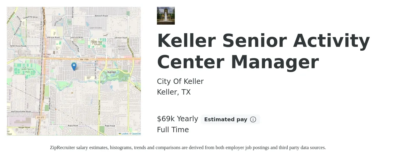 City Of Keller job posting for a Keller Senior Activity Center Manager in Keller, TX with a salary of $69,249 Yearly with a map of Keller location.