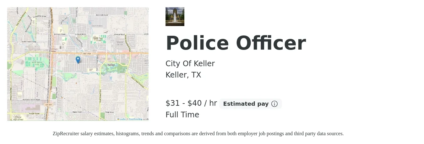 City Of Keller job posting for a Police Officer in Keller, TX with a salary of $33 to $42 Hourly with a map of Keller location.