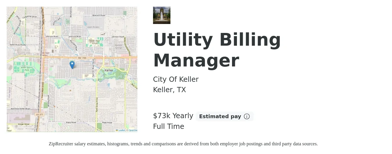 City Of Keller job posting for a Utility Billing Manager in Keller, TX with a salary of $73,577 Yearly with a map of Keller location.