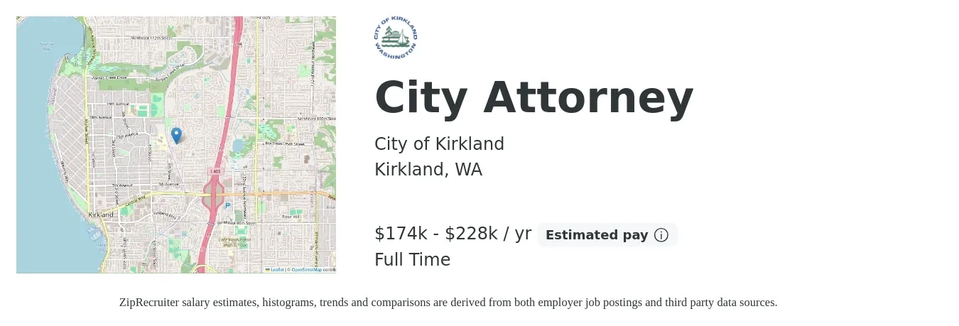 City of Kirkland job posting for a City Attorney in Kirkland, WA with a salary of $174,956 to $228,277 Yearly with a map of Kirkland location.