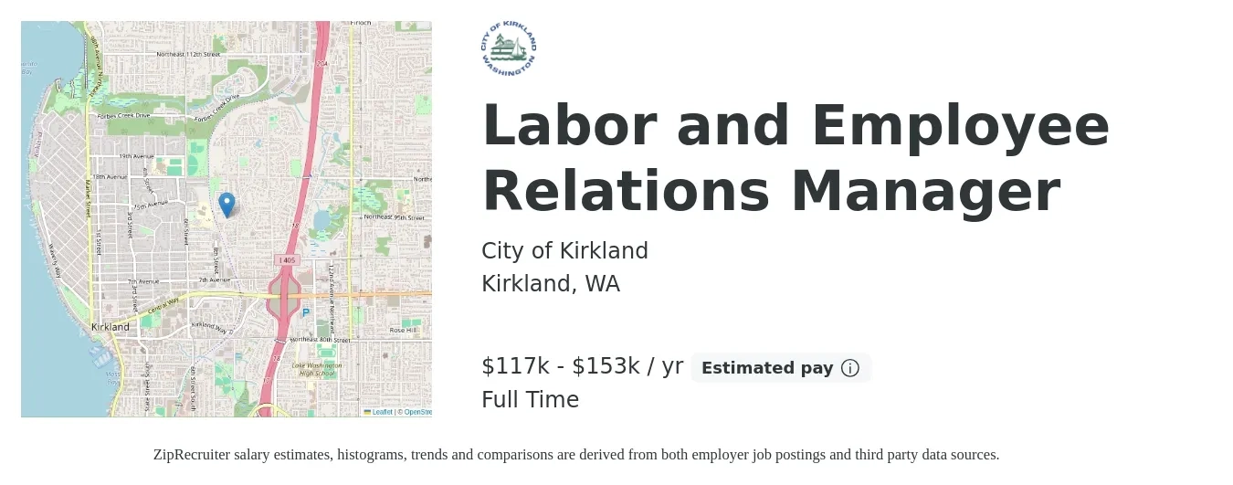 City of Kirkland job posting for a Labor and Employee Relations Manager in Kirkland, WA with a salary of $117,418 to $153,204 Yearly with a map of Kirkland location.