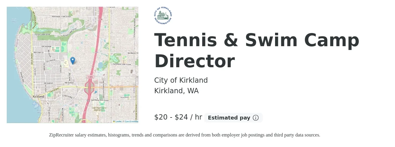 City of Kirkland job posting for a Tennis & Swim Camp Director in Kirkland, WA with a salary of $18 to $34 Hourly with a map of Kirkland location.