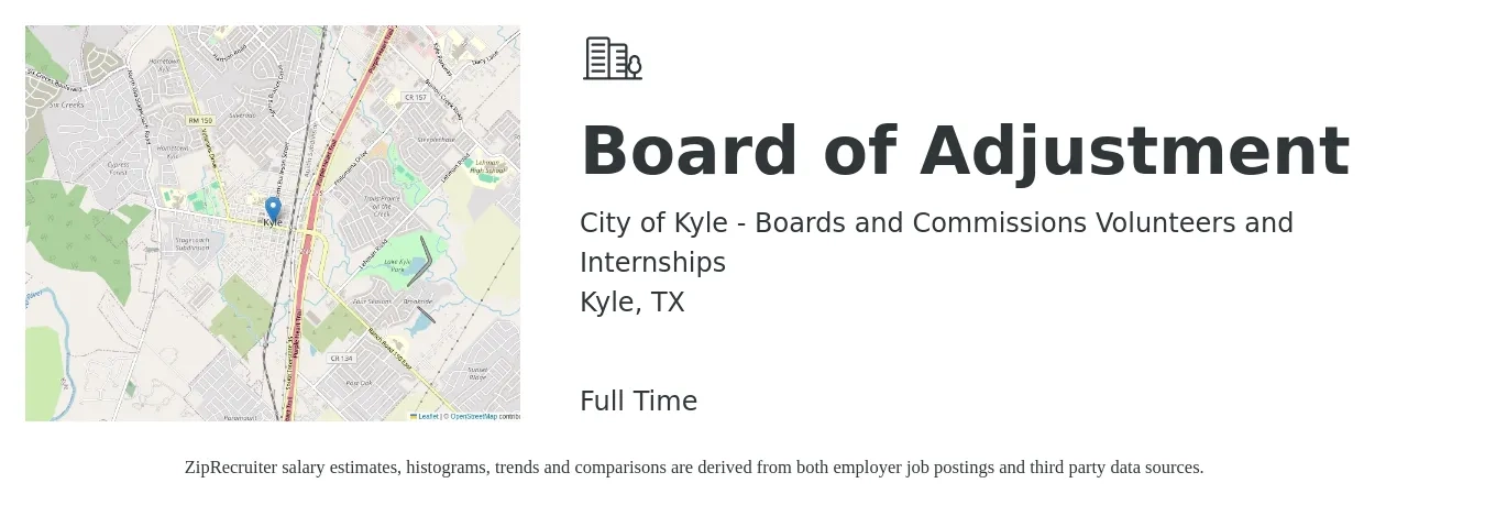 City of Kyle - Boards and Commissions Volunteers and Internships job posting for a Board of Adjustment in Kyle, TX with a salary of $19 to $26 Hourly with a map of Kyle location.