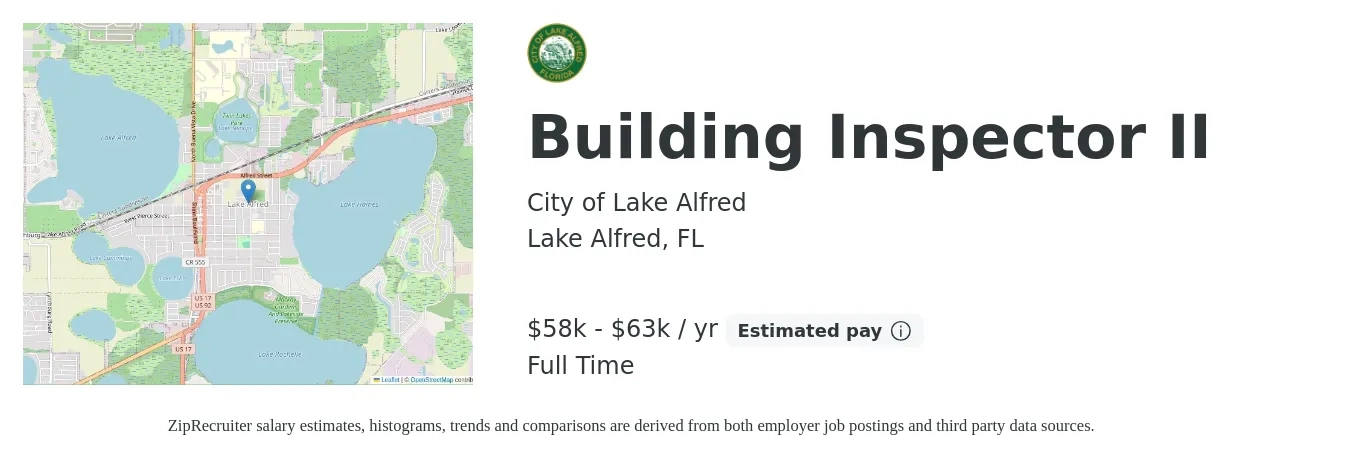 City of Lake Alfred job posting for a Building Inspector II in Lake Alfred, FL with a salary of $58,893 to $63,748 Yearly with a map of Lake Alfred location.