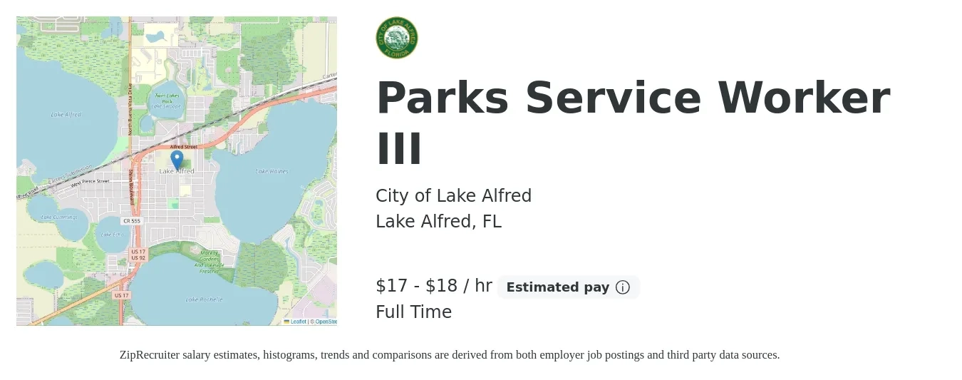City of Lake Alfred job posting for a Parks Service Worker III in Lake Alfred, FL with a salary of $18 to $19 Hourly with a map of Lake Alfred location.